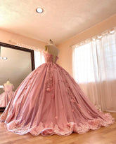 Exquisite Off-Shoulder Ball Gown 3D Floral Lace Appliques & Beaded Pink Satin Quinceanera Dress for Sweet 16
